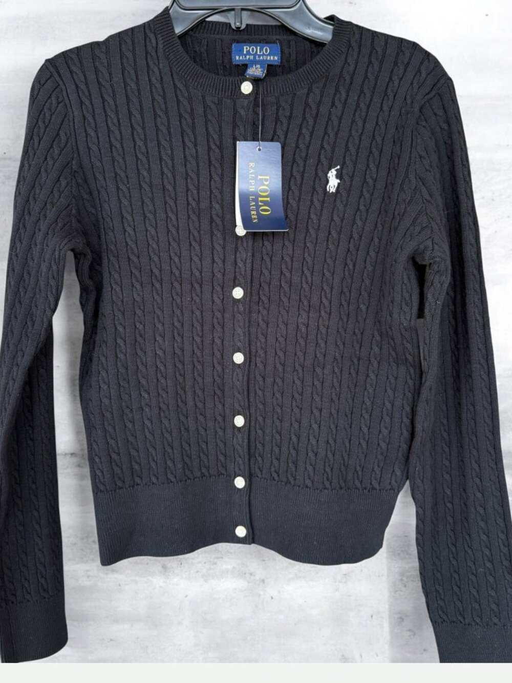 Ralph Lauren Girl's Mini-Cable Cotton Cardigan Lrge (12-14) Black White Pony NWT